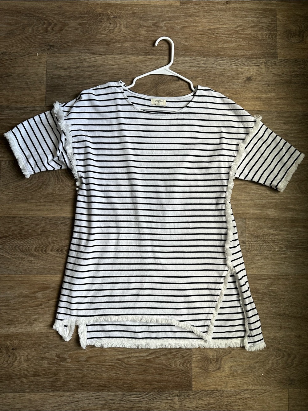 Umgee Black White Striped Fringed Tunic Top Shirt Boho Women’s Size S